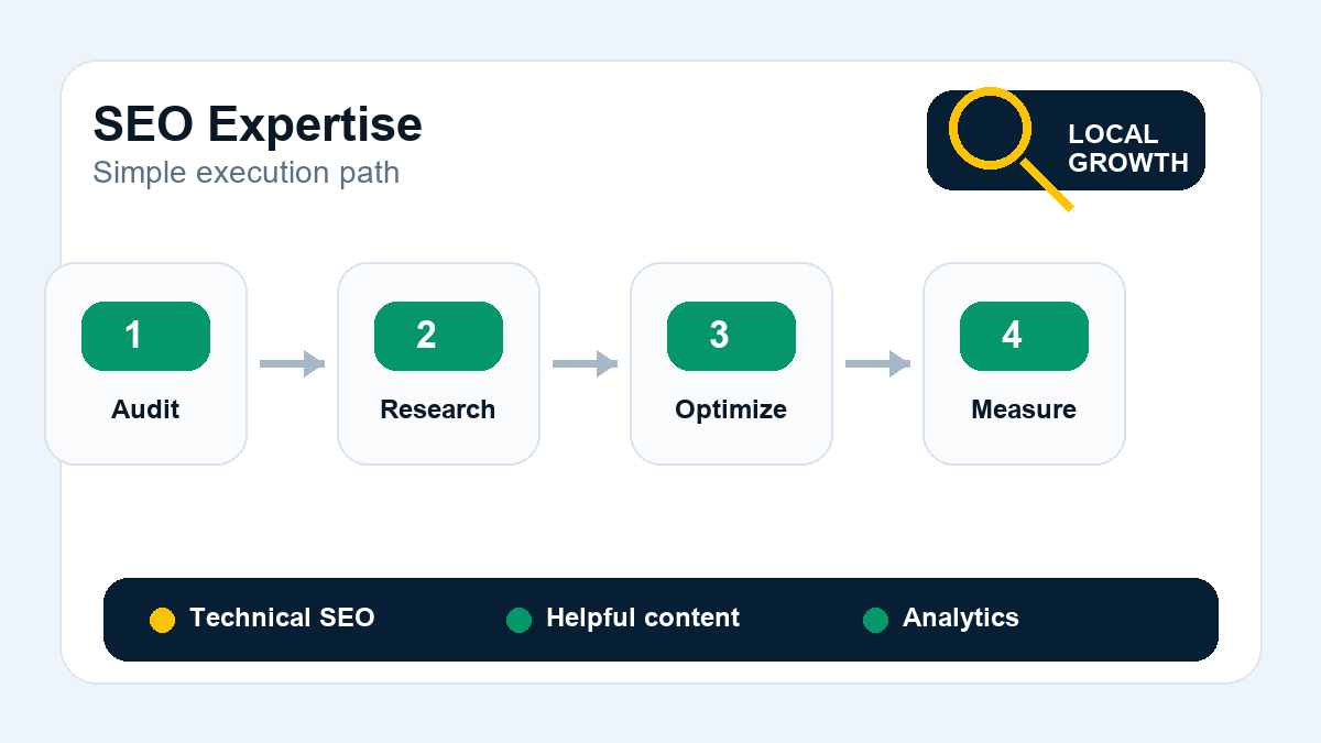 Workflow diagram for SEO work from audit to research, optimization, and measurement.