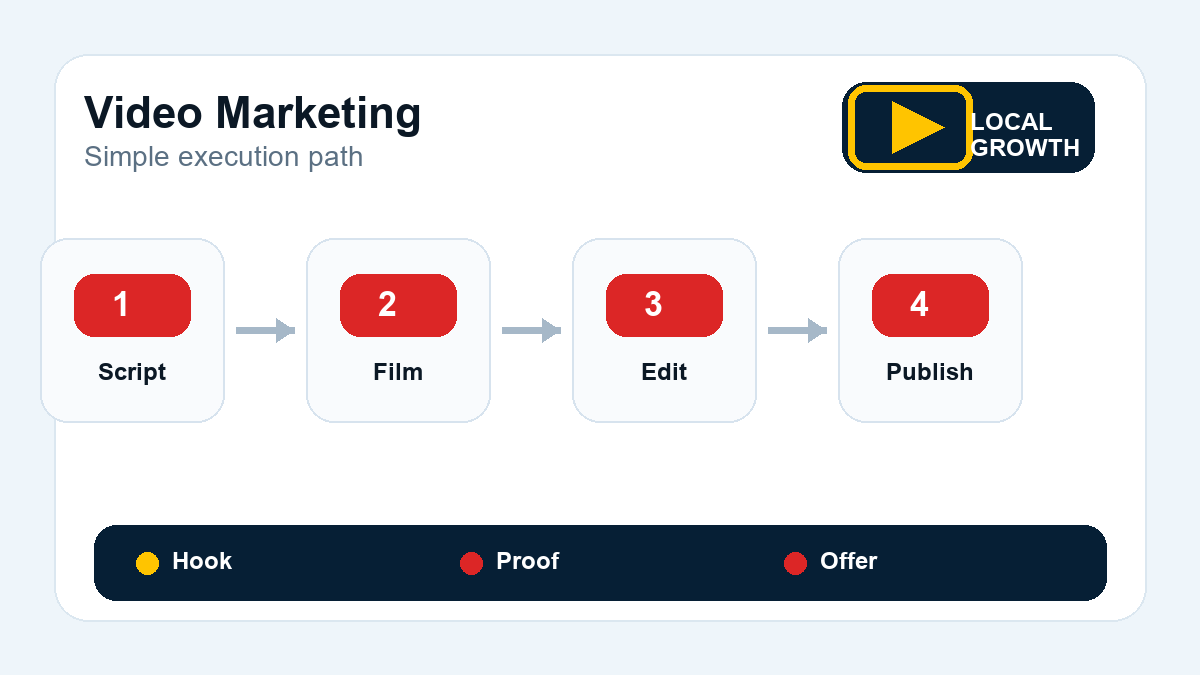 Workflow diagram for video marketing from script to filming, editing, and publishing.