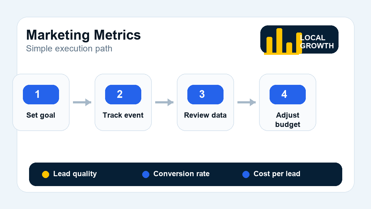 Workflow diagram for marketing analytics from setting a goal to tracking events, reviewing data, and adjusting budget.