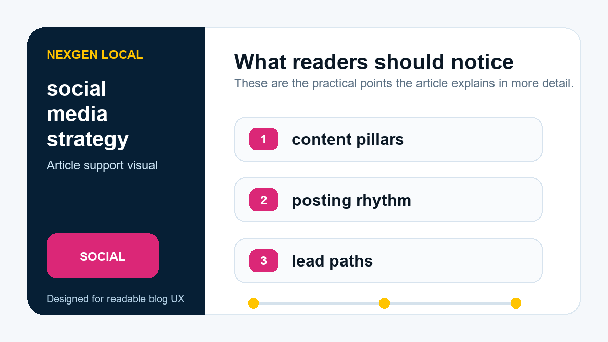 Diagram showing social media strategy priorities: content pillars, posting rhythm, and lead paths.