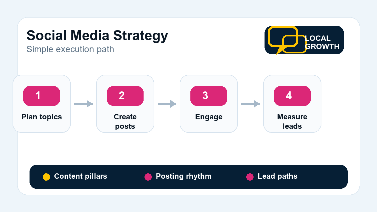 Workflow diagram for social media marketing from topic planning to post creation, engagement, and lead measurement.