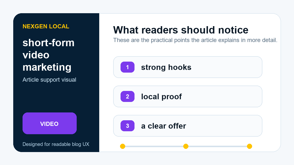 Diagram showing short-form video marketing priorities: strong hooks, local proof, and a clear offer.