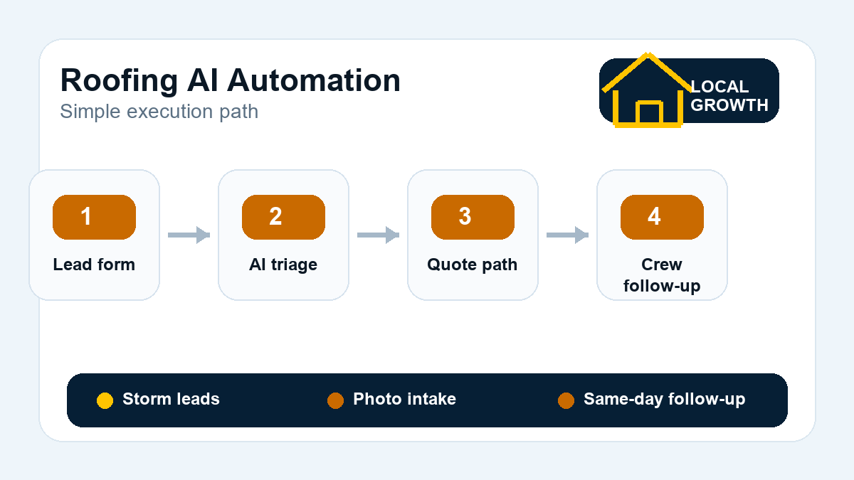 Workflow diagram for roofing AI automation from lead form to AI triage, quote path, and crew follow-up.