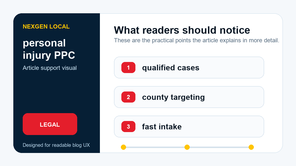 Diagram showing personal injury PPC priorities: qualified cases, county targeting, and fast intake.