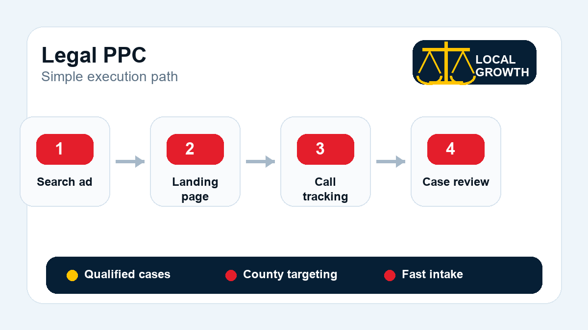 Workflow diagram for legal PPC from search ad click to landing page, call tracking, and case review.